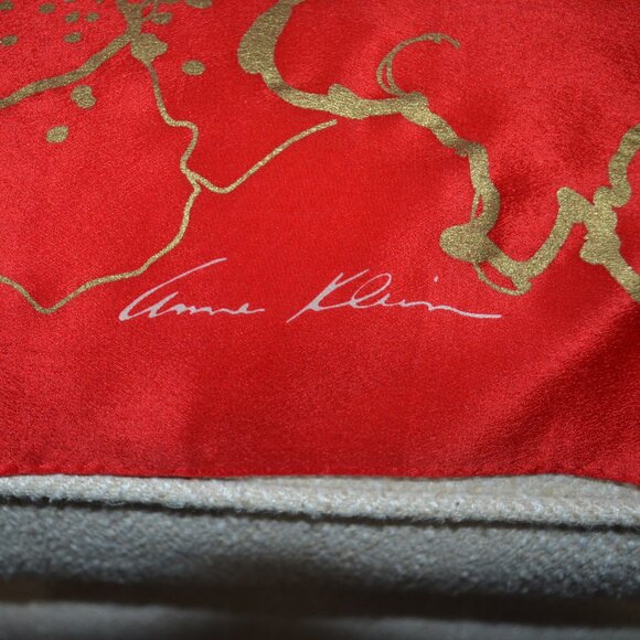 Anne Klein Silk Scarf, Signed, 40 Inches Square, Vintage Cream and Red with Gold - Picture 9 of 10